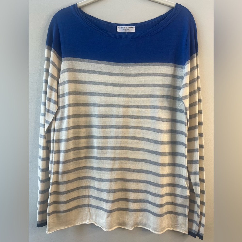Majestic Filatures Stripe Lapis Blue Gray Cream Silk Sweater Luxury Coastal Chic